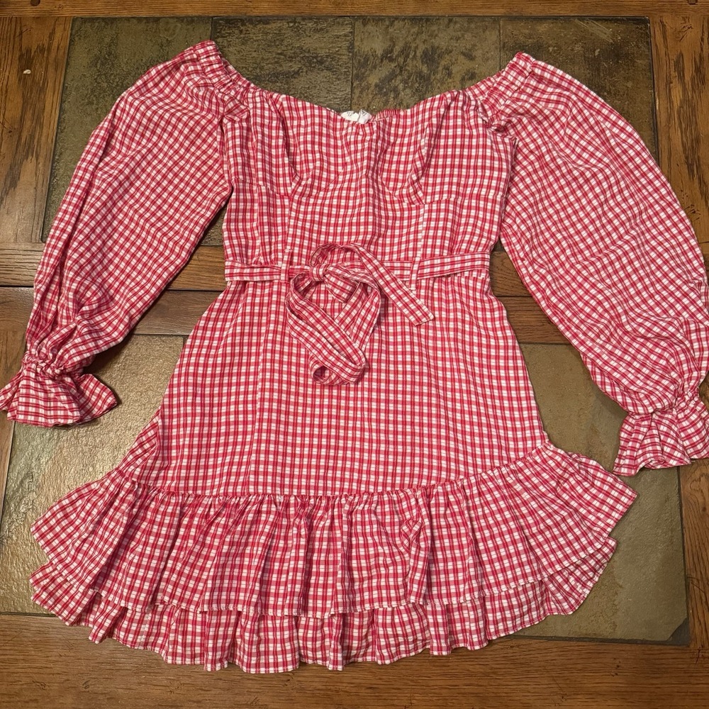 Anthropologie Maeve Bare Red Gingham Off Shoulder Frill Ruffled Mini Dress US 8 - Picture 2 of 11